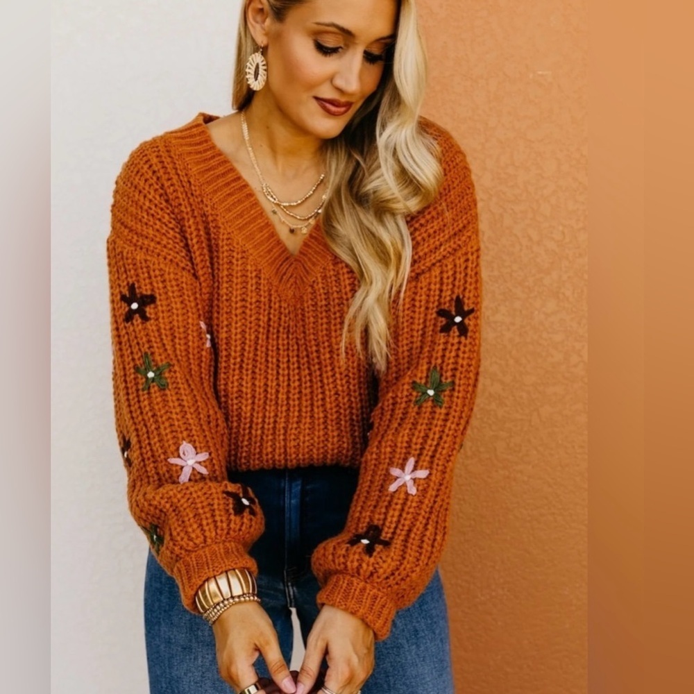 NWT Rust Cable Knit V Neck Floral Embroidered Bubble Sleeve Size Medium - Picture 10 of 16